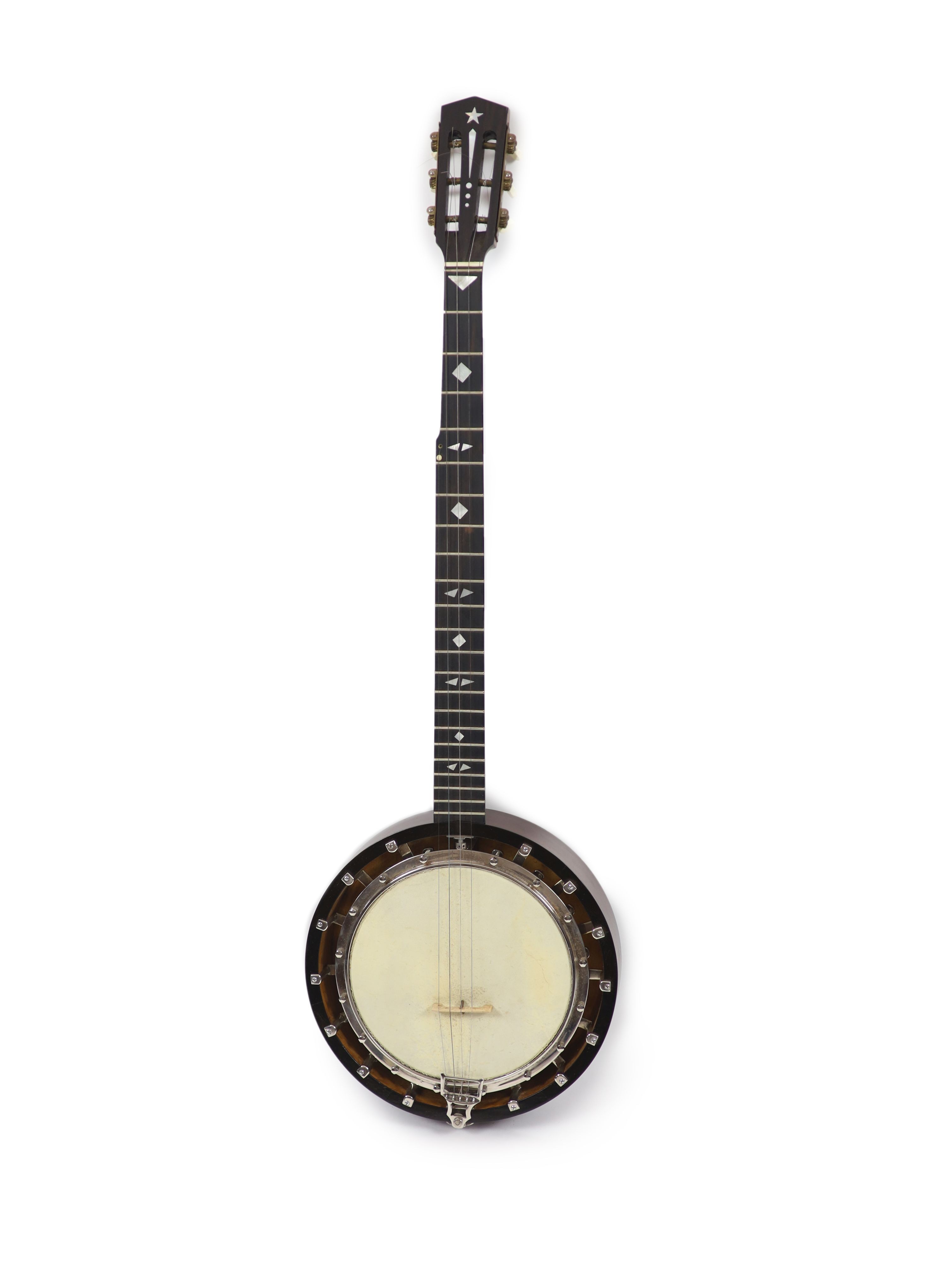 A Clifford Essex inlaid ebony banjo, overall length 94cm, with distressed leather case